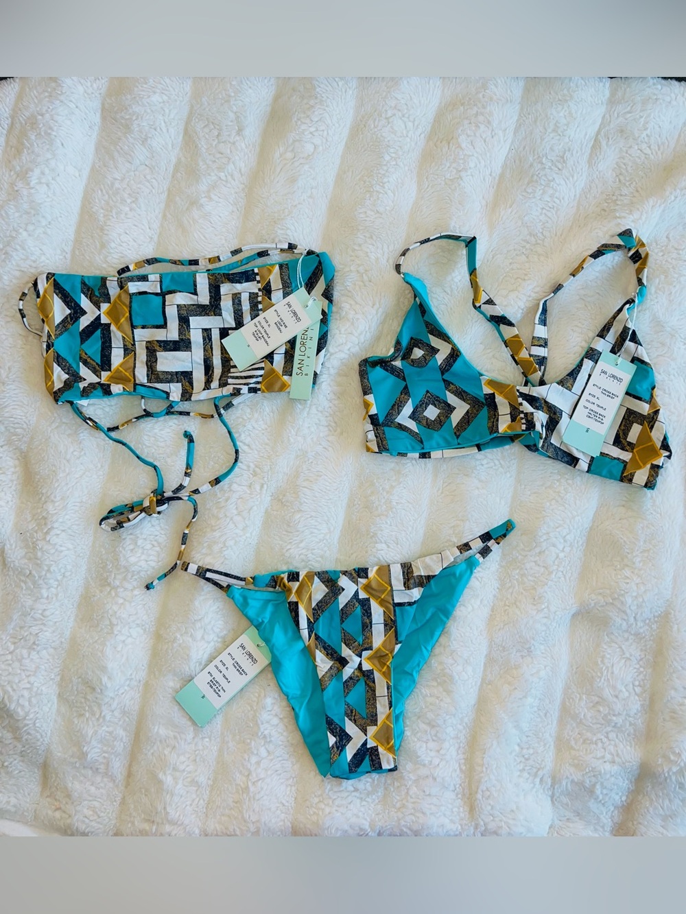 San Lorenzo Teal, White & Gold Geometric Triangle Bikini Set 🩵💛🖤